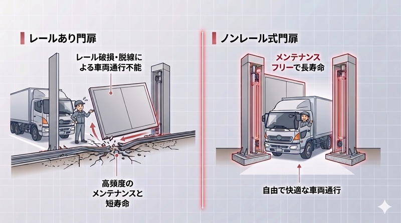 ノンレール式門扉のメリット（長寿命・自由度が高い）のイラスト