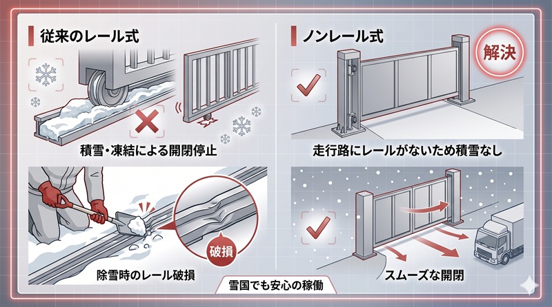 片引き式ノンレール大型電動門扉の導入事例のイラスト